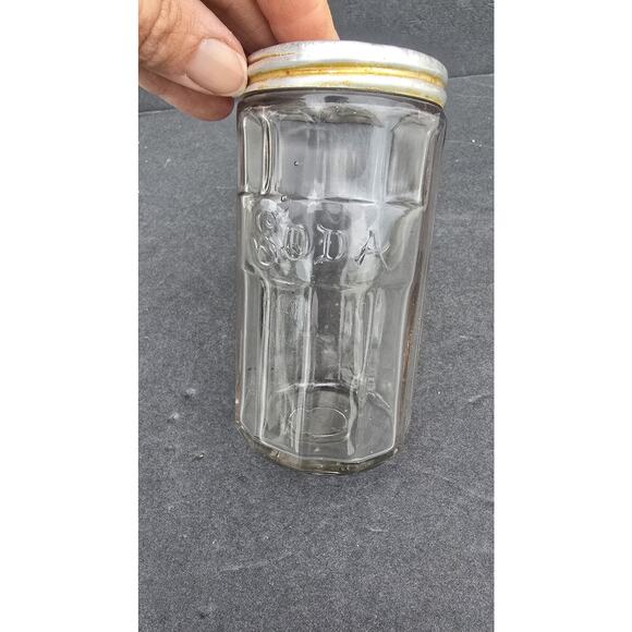 Vintage SODA Embossed Glass Jar Metal Lid Pantry Canister Paneled Clear Kitchen - Picture 4 of 11